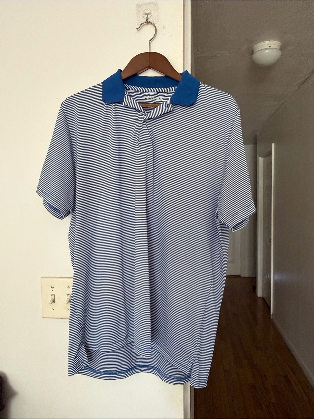 Bonobos Navy and White Striped Polo with Solid Blue Collar